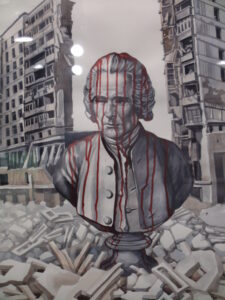 9 червня в «Галерея ХХІ» художник Олександр Нікітюк презентував  авторський експозиційний проект — «War & Peace». На відкритті експозиції проекту митець занурив публіку у відчуття. Червона фарба на білому тлі, в зображенні будинків і людей, в розірваному малюнку і сам митець, чи то філософ обличчям якого ллється червона фарба.
